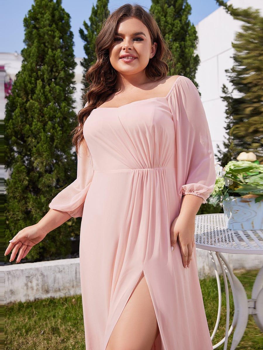 Flattering Plus Size High-Slit Chiffon A-Line Bridesmaid Dress with Long Sleeves