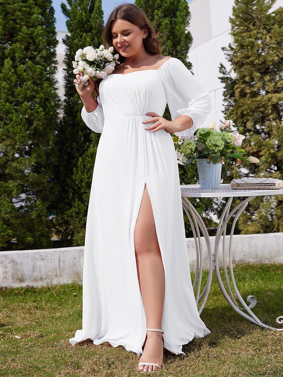Flattering Plus Size High-Slit Chiffon A-Line Bridesmaid Dress with Long Sleeves