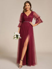 Elegant A-Line Long Sleeves Split Front Tulle Bridesmaid Dresses