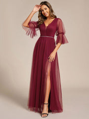 Elegant A-Line Long Sleeves Split Front Tulle Bridesmaid Dresses