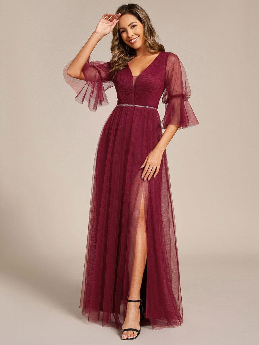 Elegant A-Line Long Sleeves Split Front Tulle Bridesmaid Dresses