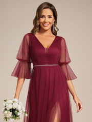 Elegant A-Line Long Sleeves Split Front Tulle Bridesmaid Dresses