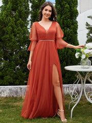 Elegant A-Line Long Sleeves Split Front Tulle Bridesmaid Dresses
