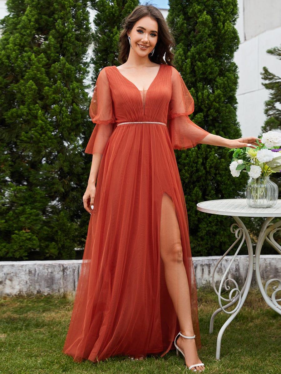 Elegant A-Line Long Sleeves Split Front Tulle Bridesmaid Dresses