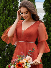 Elegant A-Line Long Sleeves Split Front Tulle Bridesmaid Dresses