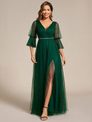 Elegant A-Line Long Sleeves Split Front Tulle Bridesmaid Dresses
