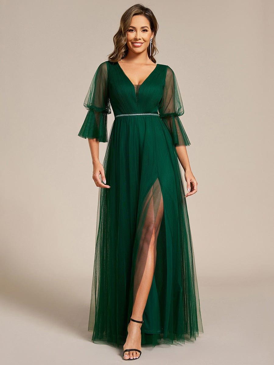 Elegant A-Line Long Sleeves Split Front Tulle Bridesmaid Dresses