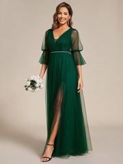 Elegant A-Line Long Sleeves Split Front Tulle Bridesmaid Dresses