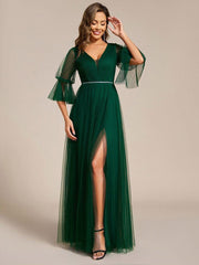 Elegant A-Line Long Sleeves Split Front Tulle Bridesmaid Dresses