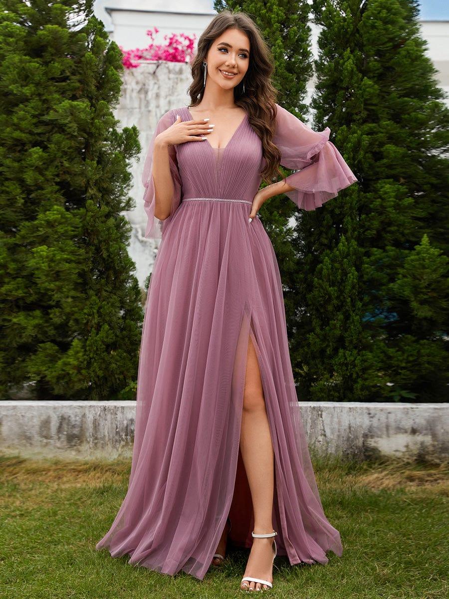 Elegant A-Line Long Sleeves Split Front Tulle Bridesmaid Dresses