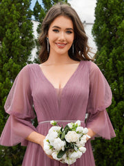 Elegant A-Line Long Sleeves Split Front Tulle Bridesmaid Dresses
