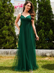 Stylish Criss Cross Straps V-Neck Tulle Bridesmaid Dress