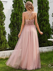 Stylish Criss Cross Straps V-Neck Tulle Bridesmaid Dress