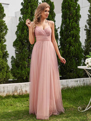 Stylish Criss Cross Straps V-Neck Tulle Bridesmaid Dress