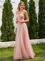 Stylish Criss Cross Straps V-Neck Tulle Bridesmaid Dress