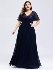 Graceful Sequin Deep V-Neck Evening Dresses with Sleeves