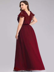 Elegant Plus Size Ruched V-Neck Formal Evening Dresses with Ruffles Sleeves