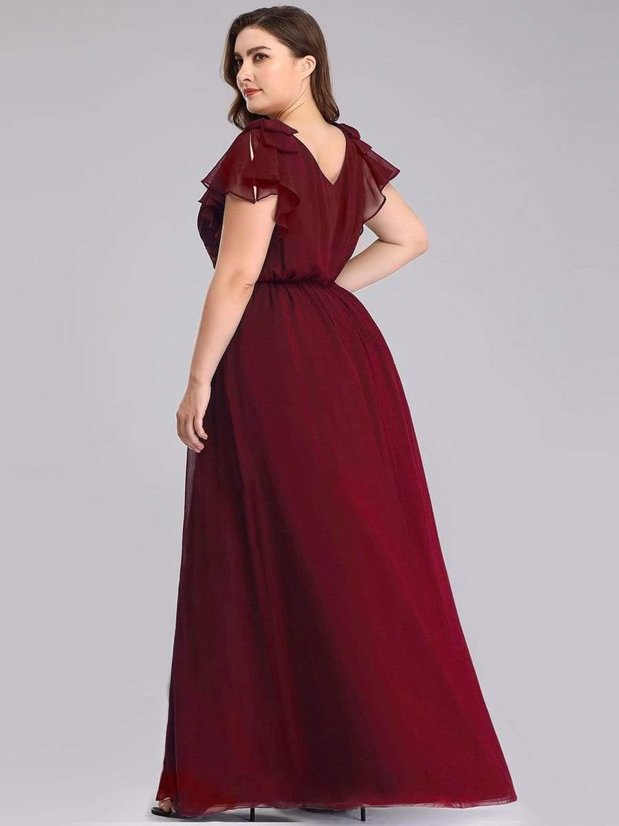 Elegant Plus Size Ruched V-Neck Formal Evening Dresses with Ruffles Sleeves