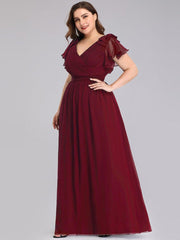 Elegant Plus Size Ruched V-Neck Formal Evening Dresses with Ruffles Sleeves