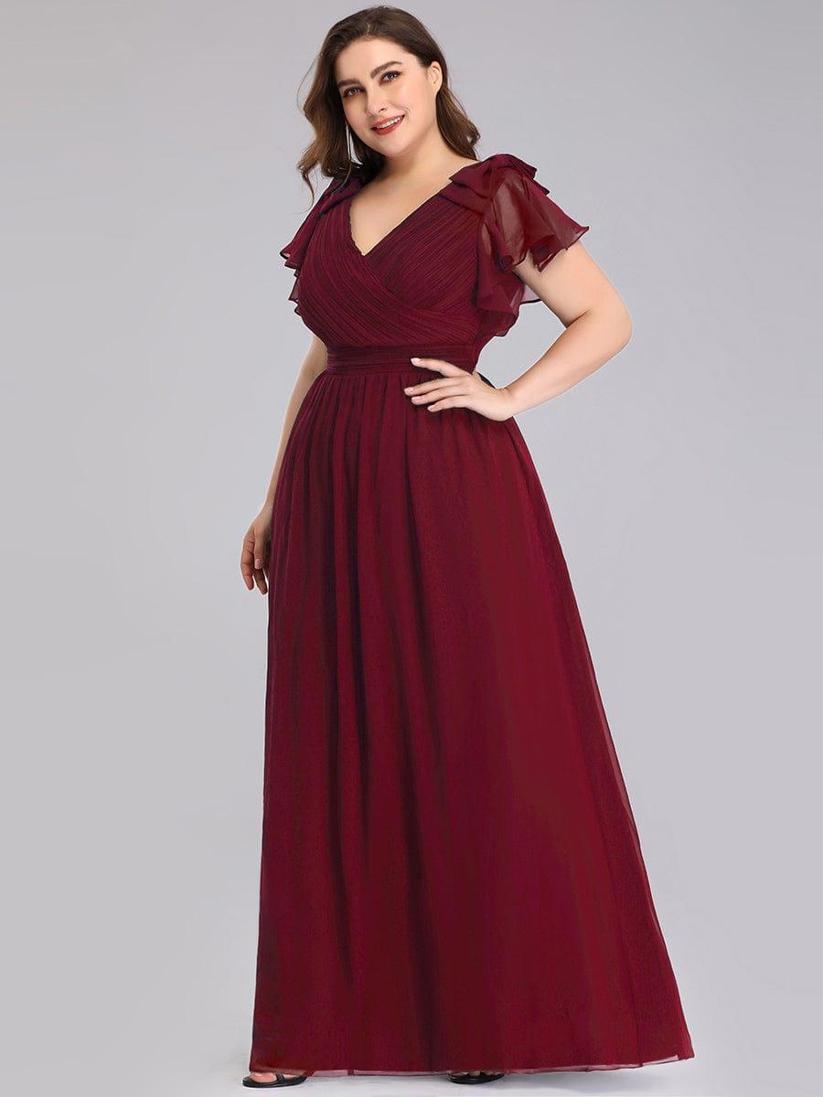 Elegant Plus Size Ruched V-Neck Formal Evening Dresses with Ruffles Sleeves