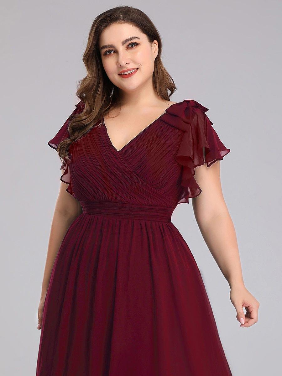Elegant Plus Size Ruched V-Neck Formal Evening Dresses with Ruffles Sleeves