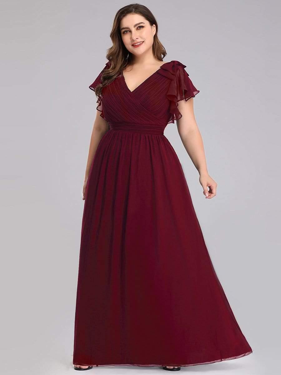 Elegant Plus Size Ruched V-Neck Formal Evening Dresses with Ruffles Sleeves