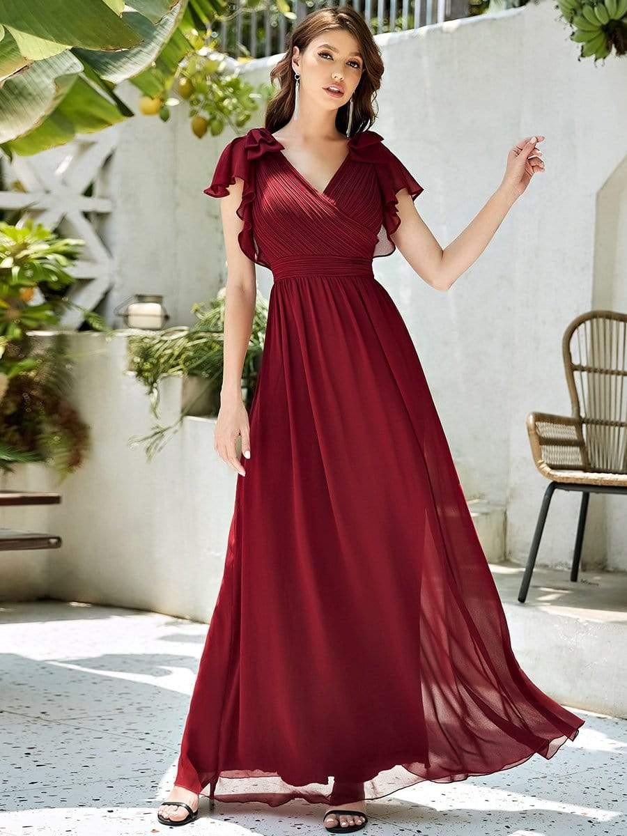 Modern Pleated A-Line Ruffles Sleeves Chiffon Evening Dress