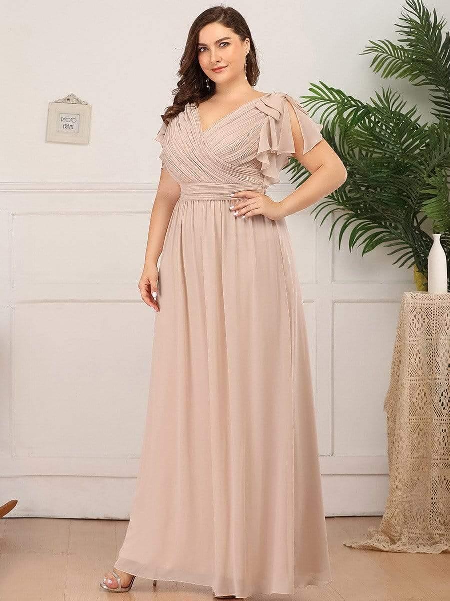 Elegant Plus Size Ruched V-Neck Formal Evening Dresses with Ruffles Sleeves