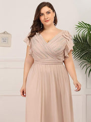 Elegant Plus Size Ruched V-Neck Formal Evening Dresses with Ruffles Sleeves