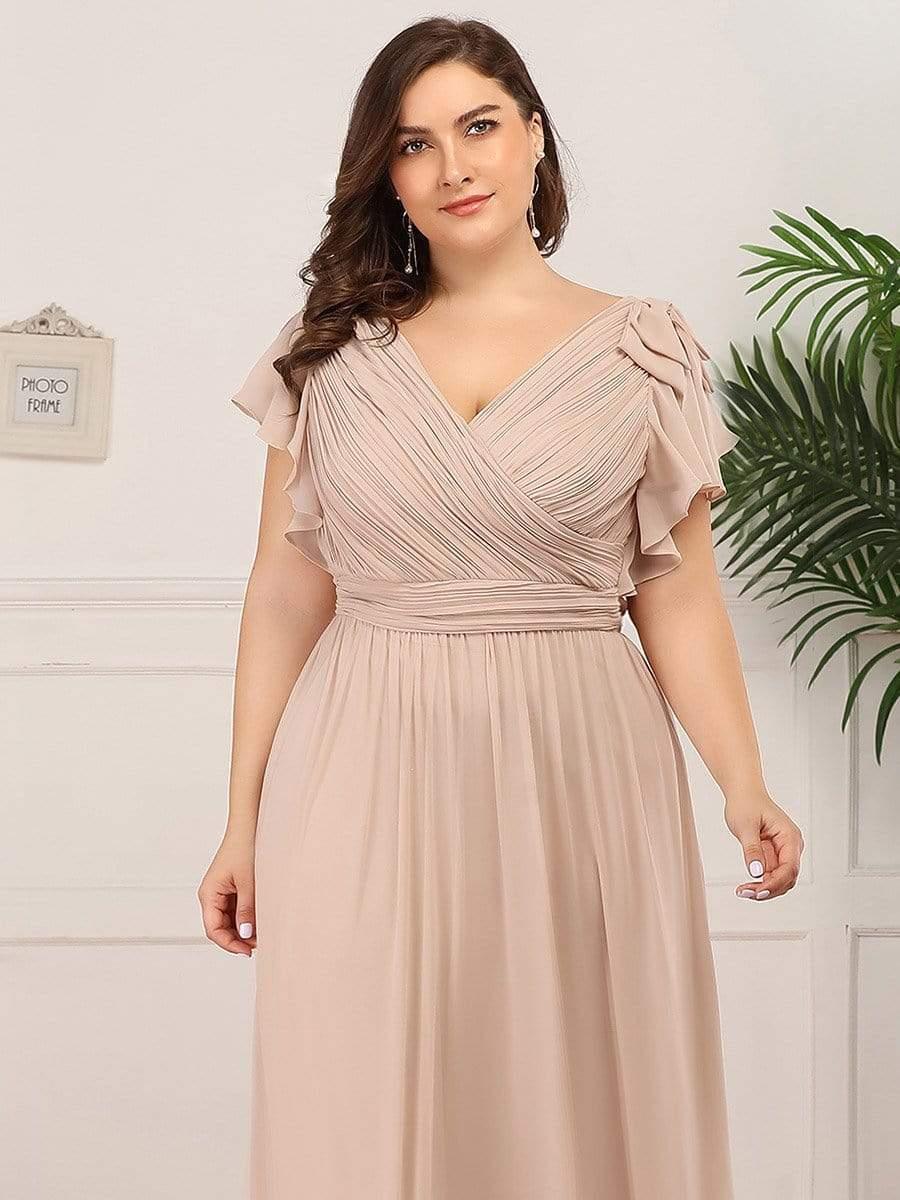Elegant Plus Size Ruched V-Neck Formal Evening Dresses with Ruffles Sleeves