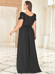 Elegant Plus Size Ruched V-Neck Formal Evening Dresses with Ruffles Sleeves