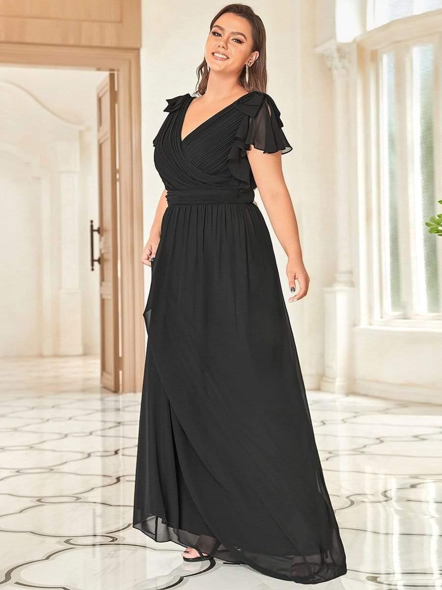 Elegant Plus Size Ruched V-Neck Formal Evening Dresses with Ruffles Sleeves