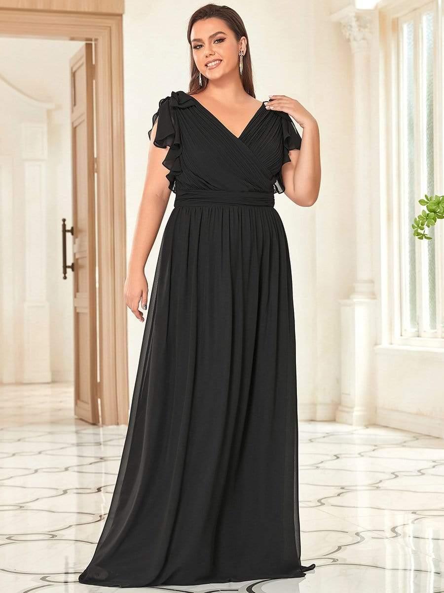 Elegant Plus Size Ruched V-Neck Formal Evening Dresses with Ruffles Sleeves