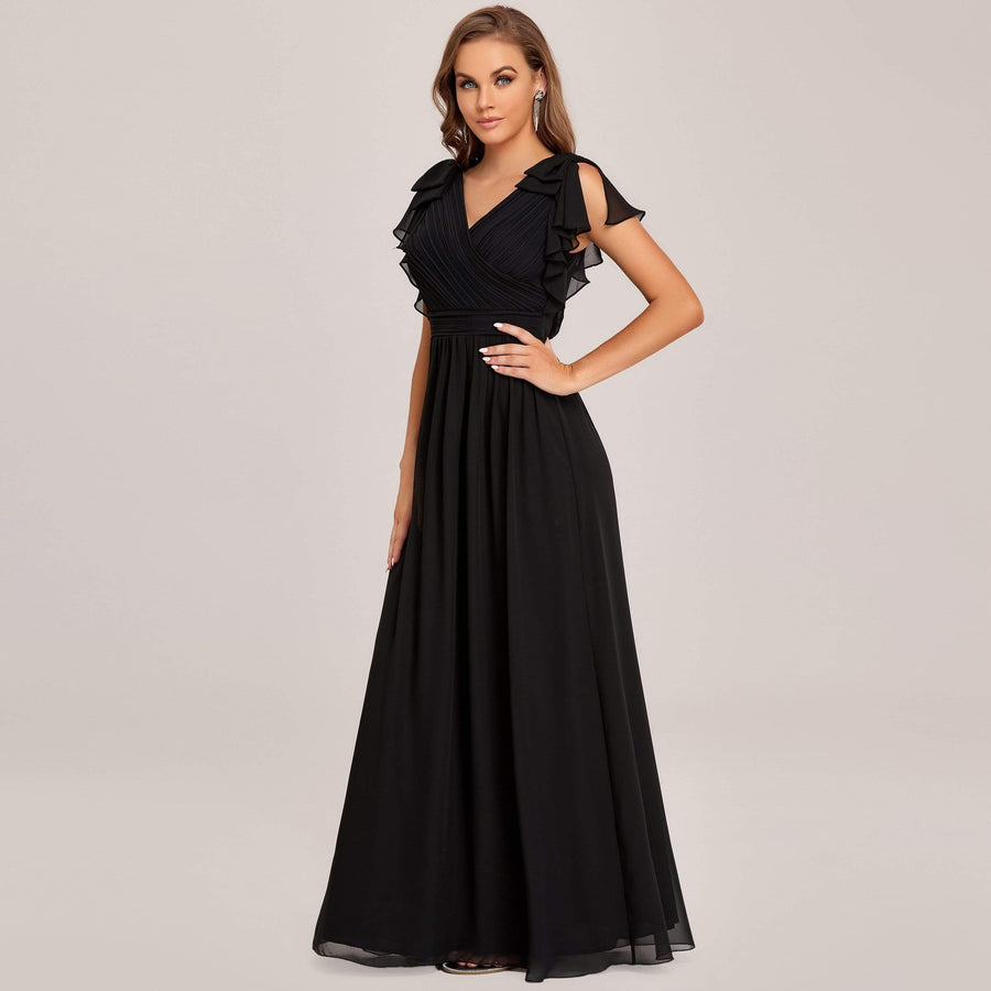Modern Pleated A-Line Ruffles Sleeves Chiffon Evening Dress