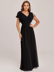 Modern Pleated A-Line Ruffles Sleeves Chiffon Evening Dress