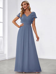Modern Pleated A-Line Ruffles Sleeves Chiffon Evening Dress
