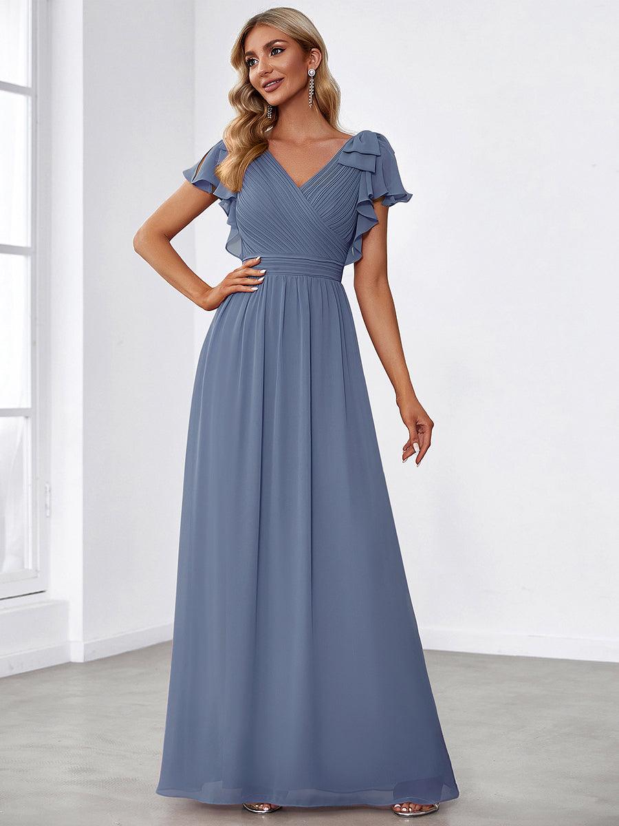 Modern Pleated A-Line Ruffles Sleeves Chiffon Evening Dress