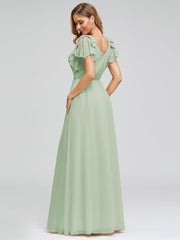 Modern Pleated A-Line Ruffles Sleeves Chiffon Evening Dress