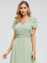 Modern Pleated A-Line Ruffles Sleeves Chiffon Evening Dress