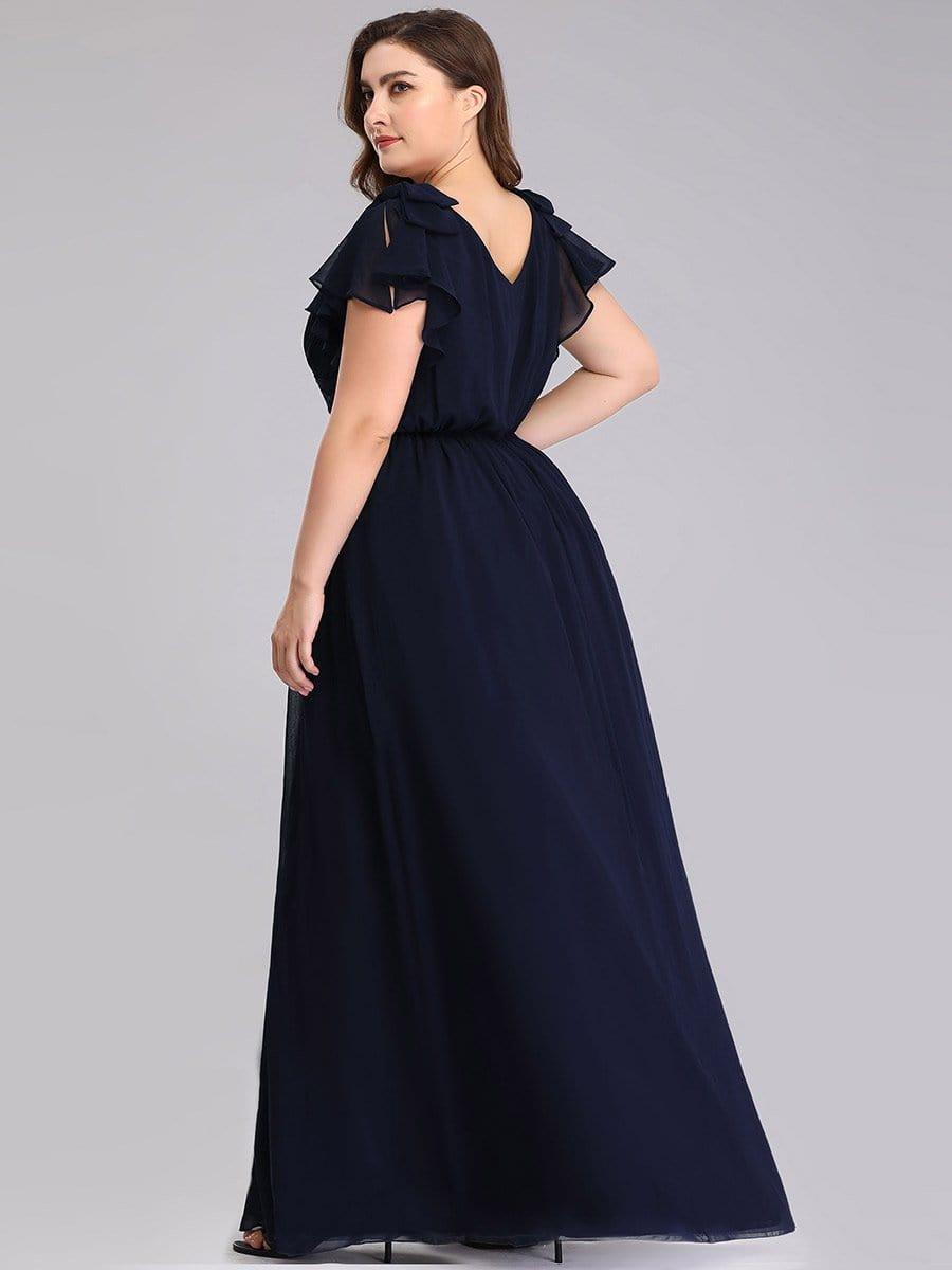 Elegant Plus Size Ruched V-Neck Formal Evening Dresses with Ruffles Sleeves