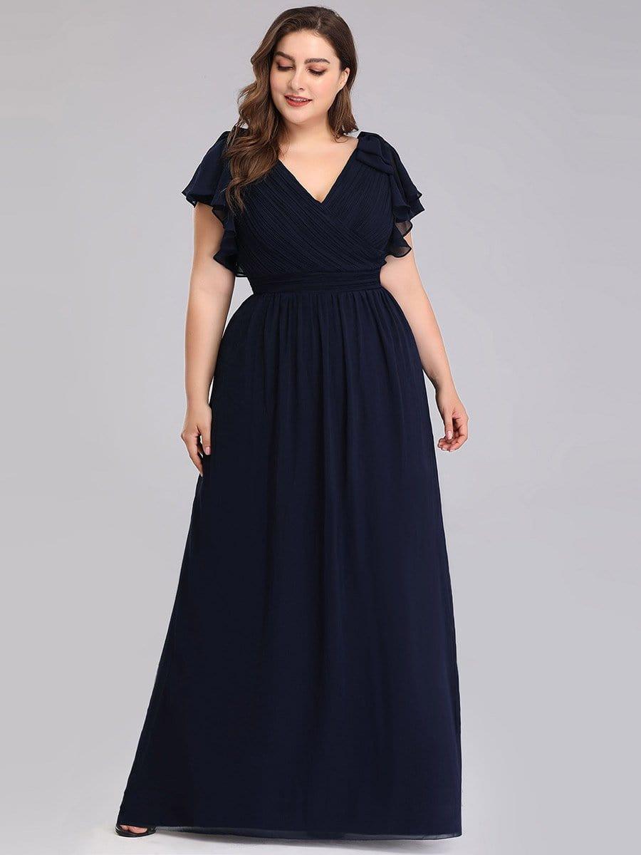 Elegant Plus Size Ruched V-Neck Formal Evening Dresses with Ruffles Sleeves