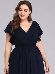Elegant Plus Size Ruched V-Neck Formal Evening Dresses with Ruffles Sleeves