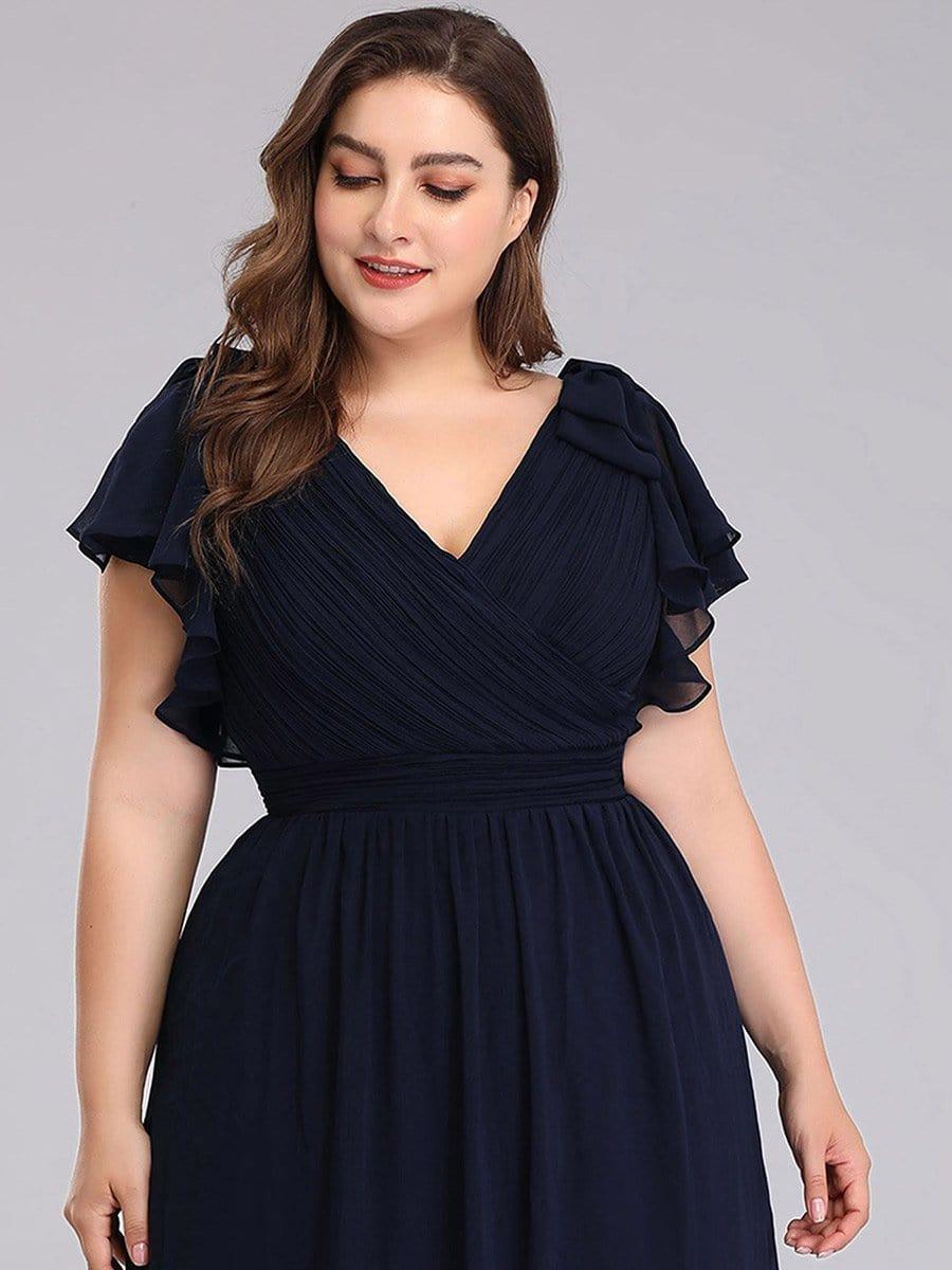 Elegant Plus Size Ruched V-Neck Formal Evening Dresses with Ruffles Sleeves