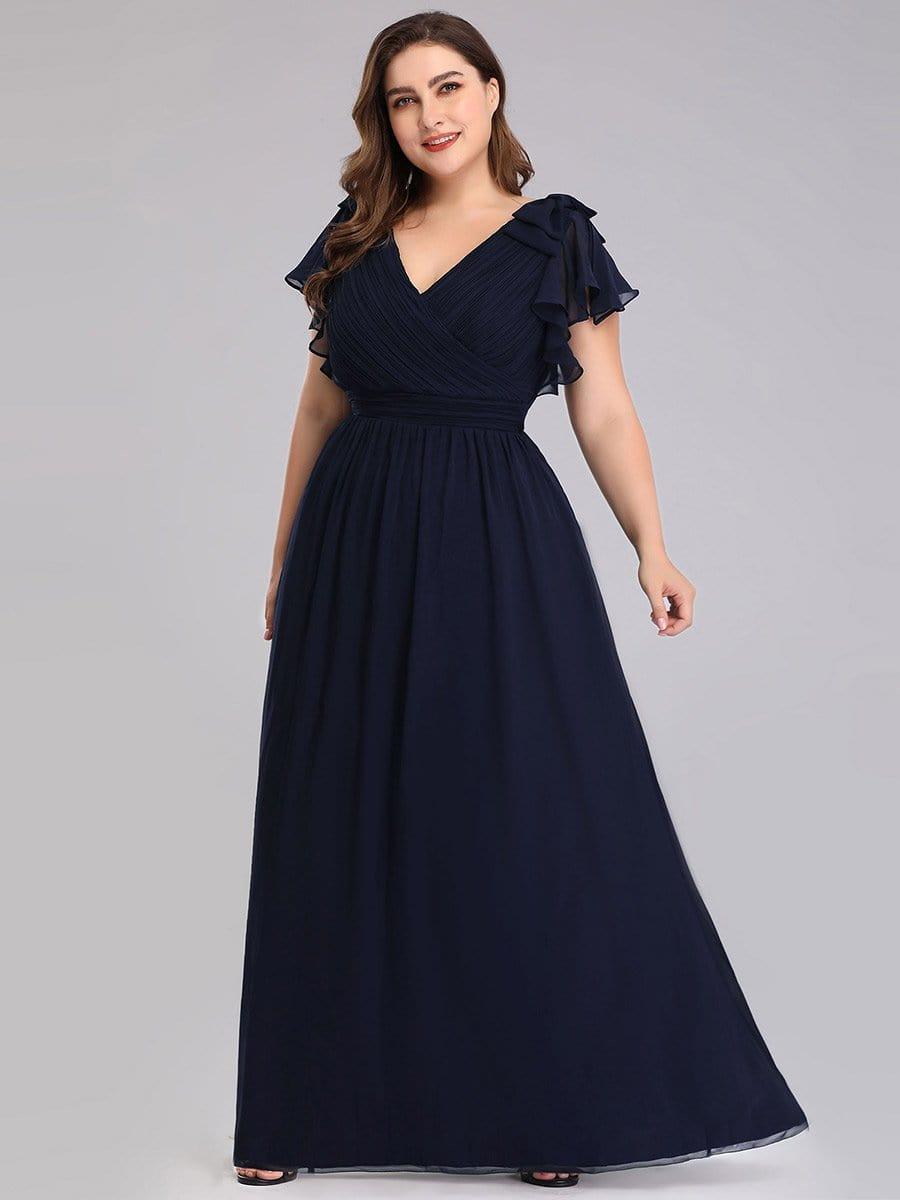 Elegant Plus Size Ruched V-Neck Formal Evening Dresses with Ruffles Sleeves