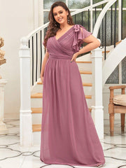 Elegant Plus Size Ruched V-Neck Formal Evening Dresses with Ruffles Sleeves