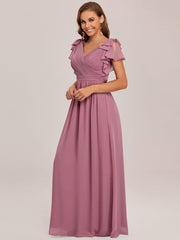 Modern Pleated A-Line Ruffles Sleeves Chiffon Evening Dress