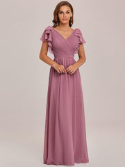 Modern Pleated A-Line Ruffles Sleeves Chiffon Evening Dress
