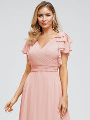 Modern Pleated A-Line Ruffles Sleeves Chiffon Evening Dress