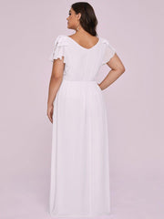 Elegant Plus Size Ruched V-Neck Formal Evening Dresses with Ruffles Sleeves