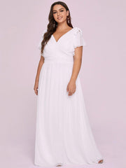 Elegant Plus Size Ruched V-Neck Formal Evening Dresses with Ruffles Sleeves
